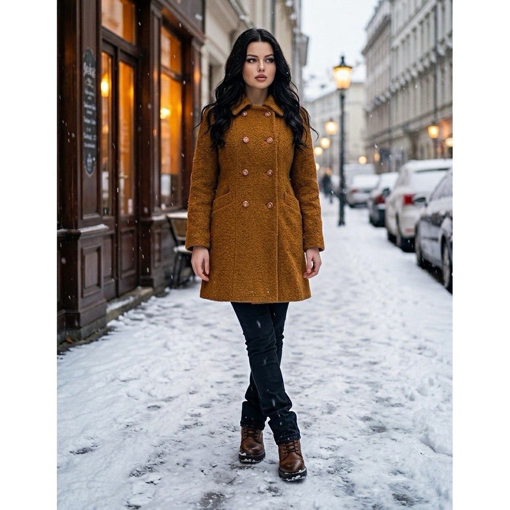 Vintage Union Made Womens Mustard Brown Double Breasted Pea Coat Mid-Length L/XL